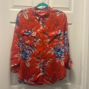 LOFT Red Floral Casual Button Down Shirt